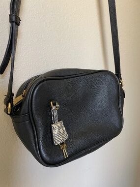 J. Crew Black Crossbody Signet Bag Purse Adjustable Strap Black Leather Lock Key